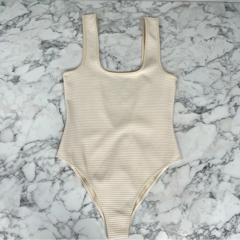 Marysia Malliot Stripped One Piece Swimsuit Tan Cream Size Small